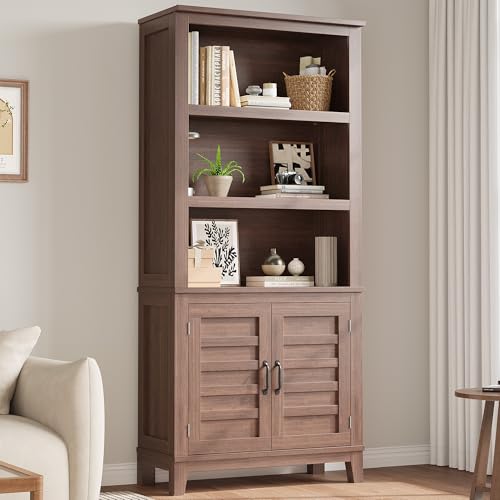 Garvee 71" Farmhouse Bookcase with Doors, Tall Bookshelf with Storage Cabinet & Adjustable Shelf, 5-Tier Wooden Book Shelf Rustic Bookcase for Living Room Office by Garvee - Used condition - US$80.77