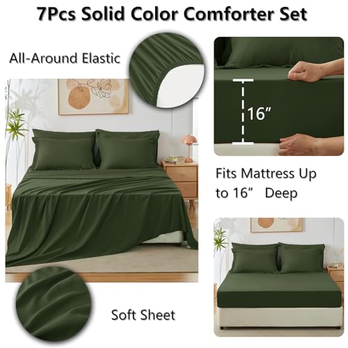 CozyLux King Size Comforter Set Olive Green, 7 Pieces Bed in a Bag King Comforter Set with Sheets, Bedding Set with Down Alternative Comforter, Fitted Sheets, Flat Sheets, Pillow Shams and Pillowcases