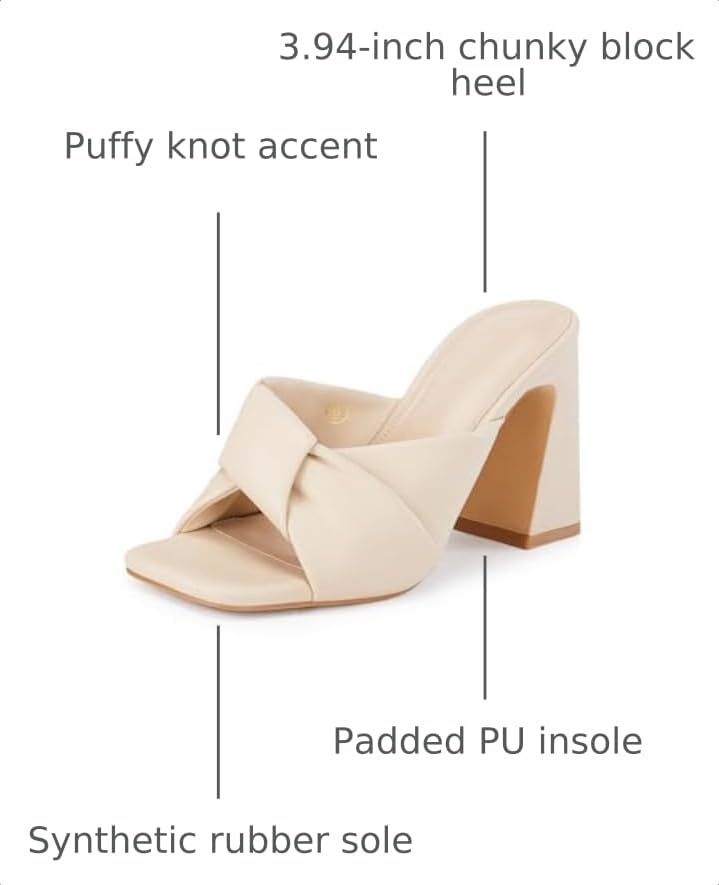 Image of Coutgo Womens Chunky Heeled Mules Puffy Knot Square Open Toe Slip On Sandals Summer Evening Party Prom Shoes