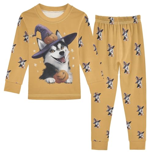Fustylead Halloween Happy Husky and Pumpkin Cotton Pajamas, Snug Fit Long Sleeve Soft Sleepwear Pjs