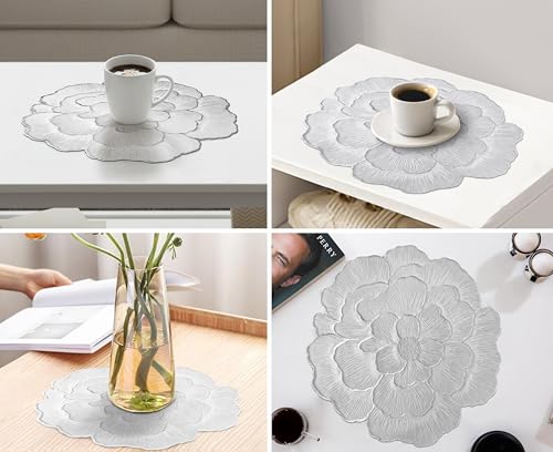 Image of Yellow Weaves 1 Pc PVC Round Table Placemat, Dining Table Mat, Stain Resistant, Anti-Skid, Waterproof, Washable, Dining, Kitchen, Restaurant Table Set Easy to Clean, Durable (Floral Silver)