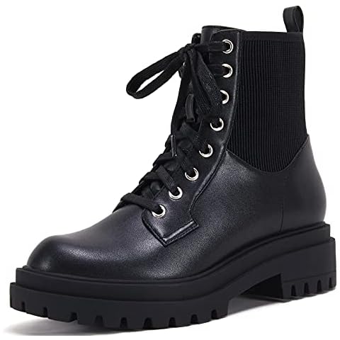 VETASTE Women's Lug Sole Lace Up Ankle Boots Round Toe Low Chunky Block Heel Winter Combat Booties Cover