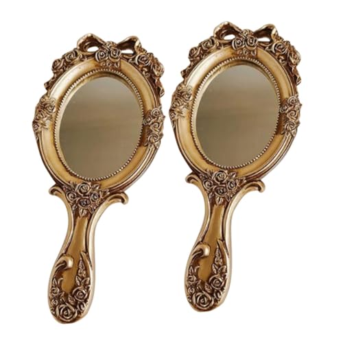 BIUDECO Vintage Handheld Makeup Mirror 2pcs Retro Travel Mirror Handle for Women Makeup Compact