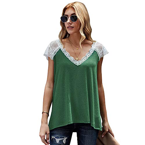OrientalPort Damen V-Ausschnitt T-Shirt Kurzarm Bluse Elegant Spitze Sommer Basic Tee Shirts Casual Loose Shirt Oversize Hemd Oberteile Hemdbluse Tunika S-XXL Cover