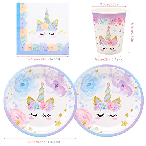 BLLREMIPSUR 16 Guests Unicorn Paper Tableware, Unicorn Party Plates Cups Napkins for Girls Kids Birthday Party Packs Decorations Party Supplies