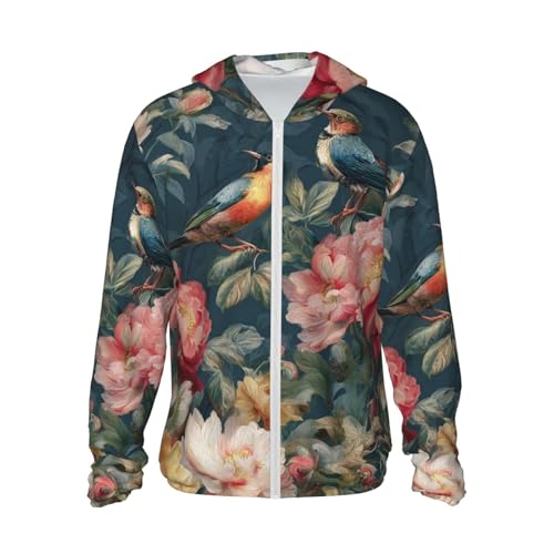 Sun Protection Hoodie Shirt Flowers Birds UPF 50+ Long Sleeve Outdoor Rash Guard for Men Women
