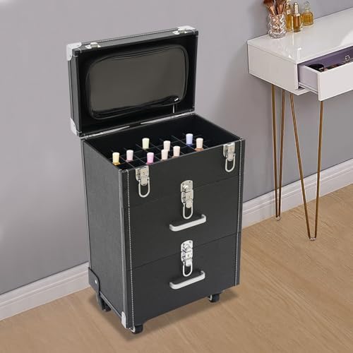 Image of Makeup Train Case, Professional Cosmetics Rolling Organizer, Rolling Makeup Trolley Case, Nail Polish Organizer, Jewelry Travel Cosmetic Train Case with 4 Wheels & 2 Keys (Black)