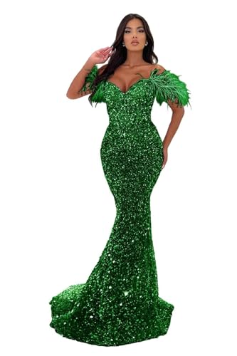 Image of Sequin Feathers Mermaid Prom Dresses 2026 Off Shoulder Sparkly Long Formal Evening Party Gowns with Train