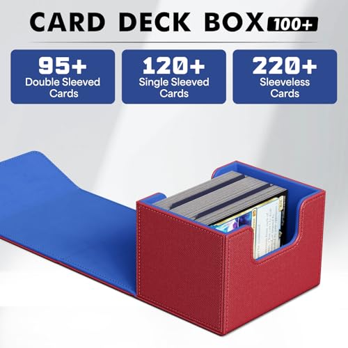 Image of ZLCA Card Deck Box for Trading Cards, MTG Commander Deck Box Holds 120+ Single Sleeved Cards, Leather Magnetic Card Storage Box Fits for TCG CCG Magic Cards (Red&Blue)