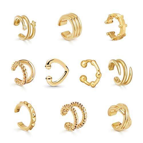10Pcs Dainty Ear Cuff Earrings Helix Cartlage Lip Clip On Wrap Earrings Set Huggie Non-Piercing Fake Pierced Fashion Jewelry for Women Girls-gold