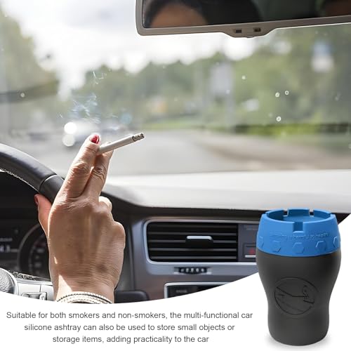 Image of Car Silicone Ashtray, Smokeless Drop-Proof Auto Ash Tray for Cup Holder, Windproof Portable Vehicle Cigarette Ash Tray for Home Outside Office, Interior Car Accessories (Blue)