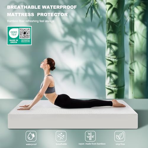 GRT Twin Waterproof Mattress Protector, Rayon Made from Bamboo Mattress Cover, Breathable Cooling Soft Mattress Protector, Machine Washable Mattress Pad with 8''- 26'' Deep Pocket