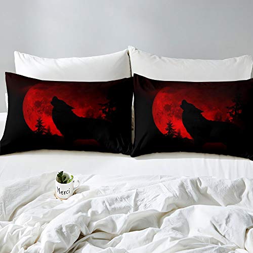 Black Evening Red Moon Duvet Cover Queen Lonely Howling Wolf Theme Bedding Sets Black Base Gothic Style 3 Pieces Comforter Sets(1 Duvet Cover 2 Pillow Cases) #TOP1