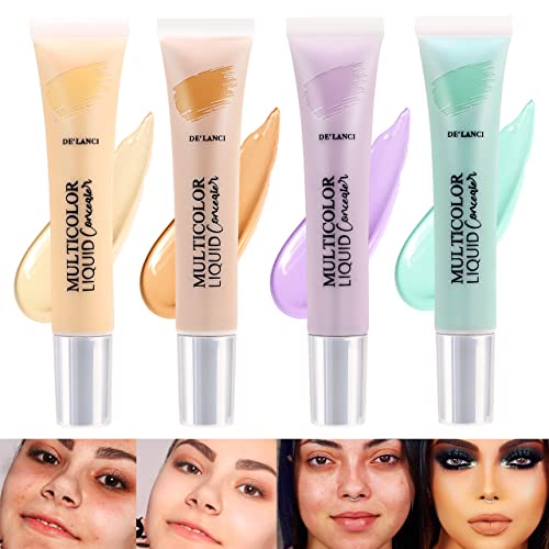 Liquid Concealer Makeup-Color Corrector Concealer 4 Pcs, Lightweight Moisturizing Liquid Foundation Makeup Full Coverage, Natural Waterproof Green Purple Correcting Concealer for Dark Circles Dry Skin