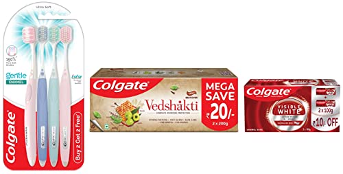 Image of Colgate Visible White Teeth Whitening Toothpaste, Pack of 200g ​ (100g X 2), 4 Pcs (Buy2 Get 2), Soft Bristles for Enamel Care,Multicolor & Cavity Protection, Bad Breath Treatment Toothpaste - 400gm