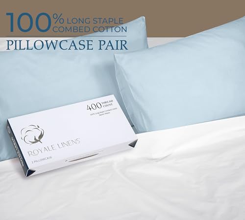 Image of Royale Linens 400 Thread Count 100% American Grown Cotton Queen Pillowcase Set - Luxury Sateen Queen Pillow case - 20 inchx30 inch Inch - Soft & Smooth Set of 2 Blue Pillowcases - (Queen, Caribbean Blue)