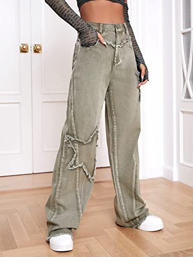 Wdirara Women's Cow Print High Waist Wide Leg Jeans Casual Long Drawstring Pants Army Green Solid S #TOP3