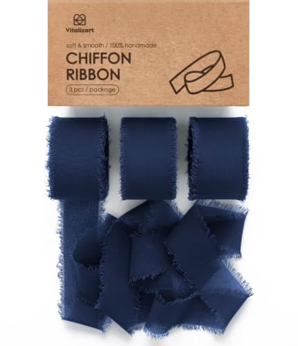 Vitalizart Navy Blue Chiffon Silk Ribbon 1" x 21 Yd Handmade Fringe