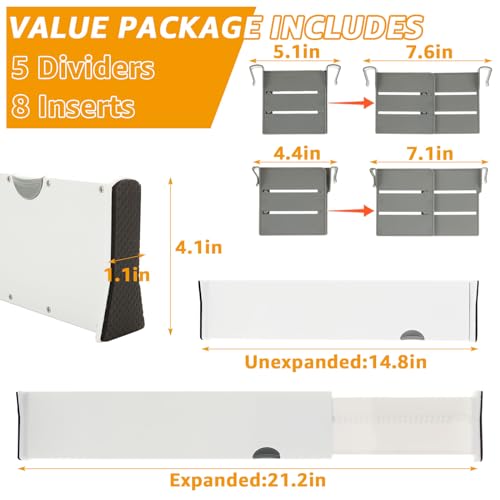 AKOLAFE 5PCS Adjustable Drawer Dividers with 8 Inserts 15-21\" Expandable Drawer Divider for Clothing 4\" Deep Drawer Organizer Kitchen Tall Large Drawer Separators for Dresser Baby Nursery Bedroom Sock