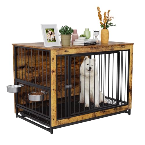 MAMIZO Gabbia per Cani Interno 93x64x58 CM, Tavolino, Armadietto, Casetta per Cani con 2 Ciotole e Porte, Kennel Cane con Vassoio Estraibile, gabbia cane Medio Piccolo, Colore Legno