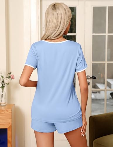 Image of Ekouaer Pajama Set for Women 2 Piece Lounge Set Short Sleeve Tops and Shorts Soft Sleepwear, Chest Pocket