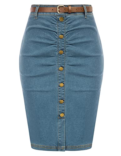 Belle Poque Denim Pencil Skirt for Women Ruched Bodycon Jeans Skirt with Belt High Waisted Pencil Skirts