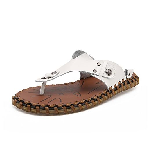 Lqp-nsxjx Mäns Thong kasta flops strand tofflor bokstavliga läder icke-slip sula sandaler (Color : White, Size : 9.5MUS)