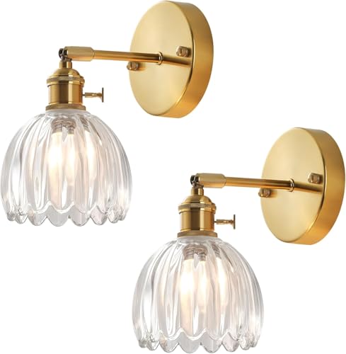 DLGLOLIN Lots de 2 Applique Murale Fleur Vintage Laiton Doré et Verre avec Interrupteur Lampe Murale Vintage E27 Luminaire Murale pour Salle de Bain Chambre Salon...