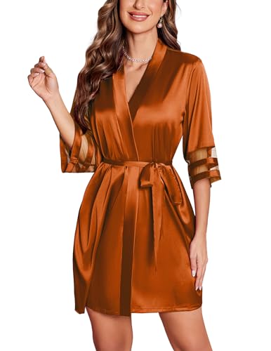 Image of Ekouaer Women's Satin Robe Silk Kimono Bathrobe Bridesmaid Wedding Bridal Party Robes 3 /4 Bell Sleeve Sleepwear S-XXL