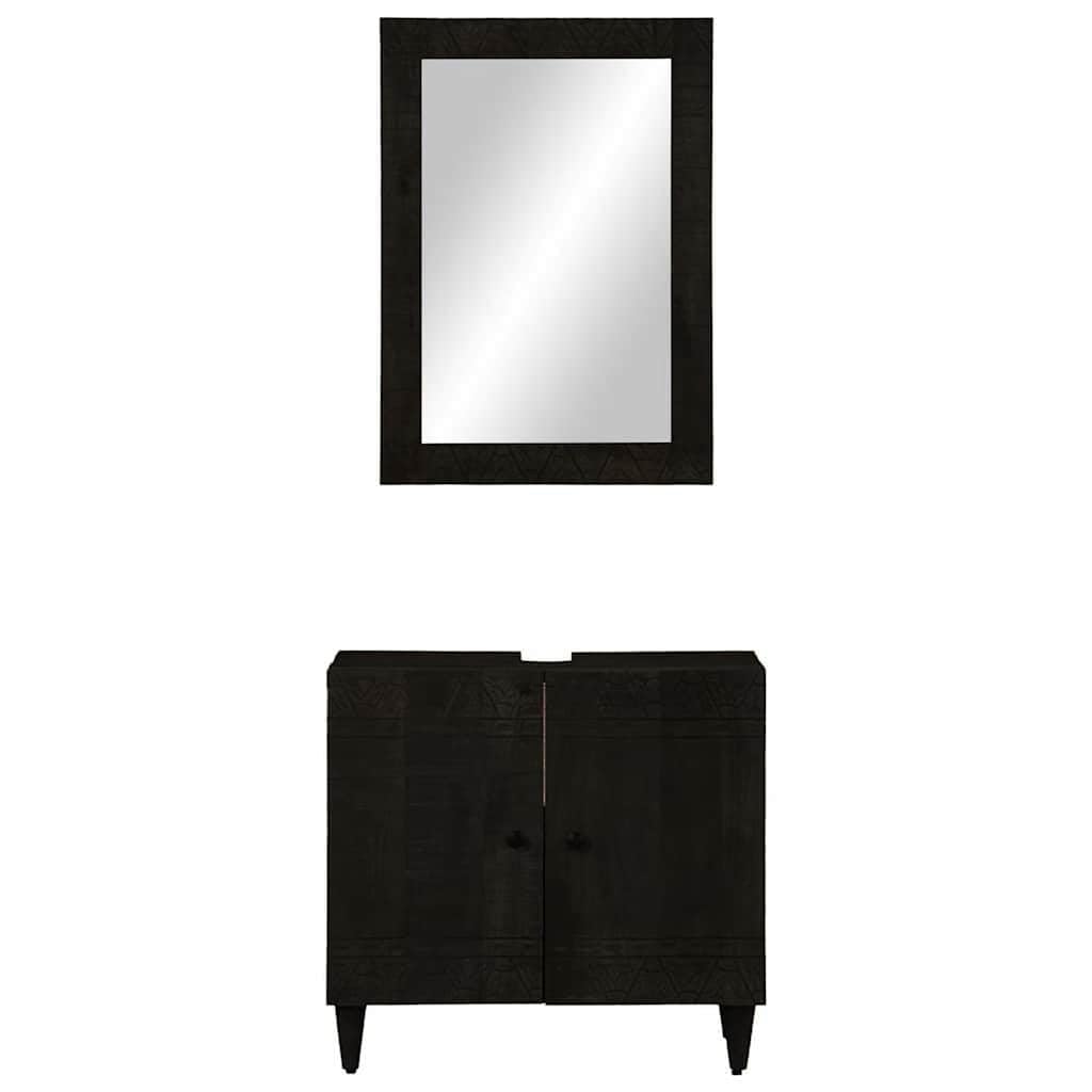 Lot de 2 meubles de salle de bain en bois massif de mangue, noir, sculpté à la main, 62 x 33 x 58 cm, pour lavabo, avec miroir, espace de rangement pour salle de bain