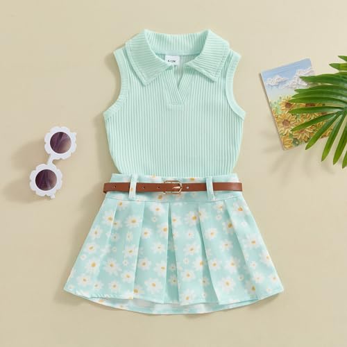 Image of BeQeuewll Toddler Baby Girl Summer Clothes Daisy Flower Girl Outfit Knit Shirt Mini Pleated Skirts Set Outfits for Grils1-4T (Green, 2-3 Years)