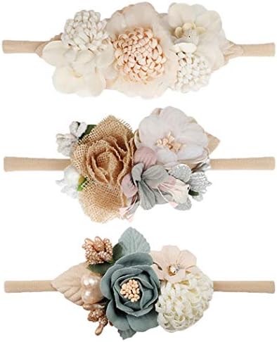 VOBOBE Baby Girl Nylon Headbands Infant Flower Elastic Hair Band Bows Wraps For Newborn Toddler Hair Accessories Pack of 3 (A-Beige)