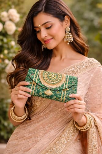 Image of JAIPUR ACE Women Ethnic Embroidered Clutch Bag with Golden Handwork & Tassel | Traditional Wedding, Party & Festive Shagun Purse| Return Gift Clutches (Pack of 3)