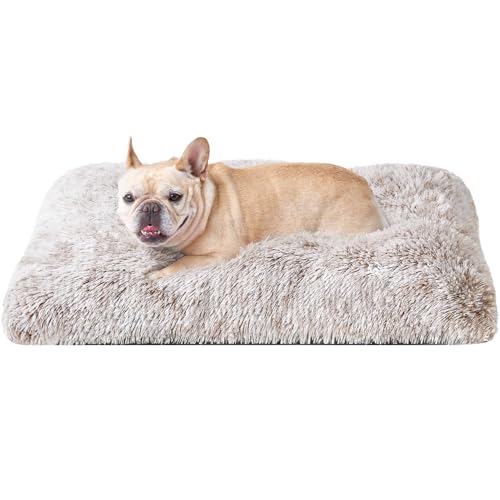 EHEYCIGA Fluffy Dog Crate Bed Medium, Calming Anti Anxiety Pet Bed Washable, Dog Mat Mattress for Crate with Anti-Slip Bottom, Brown, 75x50x7.5cm