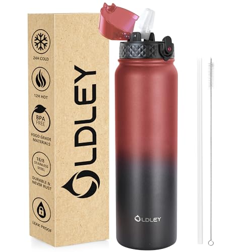OLDLEY Stainless Steel Water Bottle with Straw 1L Vaccum Insulated Large Drink Flask Metal Water Bottles 1 Litre Leakproof Keep Drinks Hot Cold for Sports Gym Travel Adult Women Men(Red Black, 1 Lid)