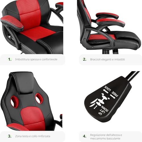 ® Sedia da Ufficio Ergonomica, Sedia Scrivania con Rotazione 360°, Imbottitura Confortevole, Rivestimento Similpelle, Poltrona Gaming con Altezza Regolabile, 5 Rotelle Doppie - Nero/Rosso - Sedia gaming - Immagine 4