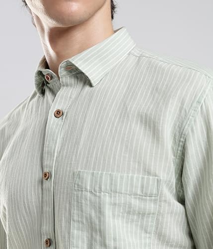 Image of TURMS Men's Casual Striped Linen Shirt | Water Repellent | Anti Stain Anti Odor | Kansas Linen | Concealed Button Down Collar | Full Sleeves