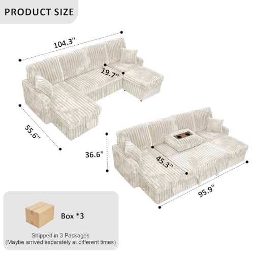 Image of KCGKCG 104 inch U Shaped Sleeper Sofa Bed, Pull Out Couches for Living Room | Pull Out Sofa Bed with Storage Chaise, Dual Cup Holders, Side Storage Pocket, Charging Station, Plush Corduroy Fabric