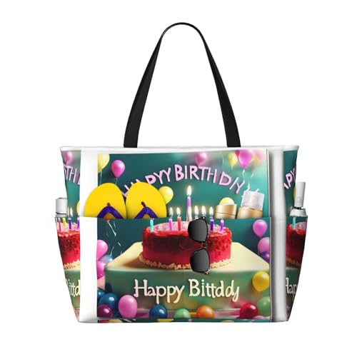 Happy Birthday Beautiful Large capacity beach bag with zipper, perfect for grocery bag pool gym travel shopping foldable beach travel bag,