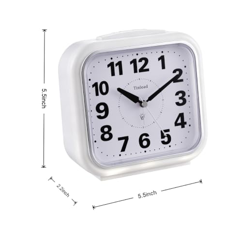 Image of Tinload 5.5 inch Large No Ticking Analog Alarm Clock,Silent Readable for Seniors,Easy to Set,Gradual Rise Alarm,Big Numbers,Gentle Wake,Snooze, Lighted on Demand,Battery Operated,White