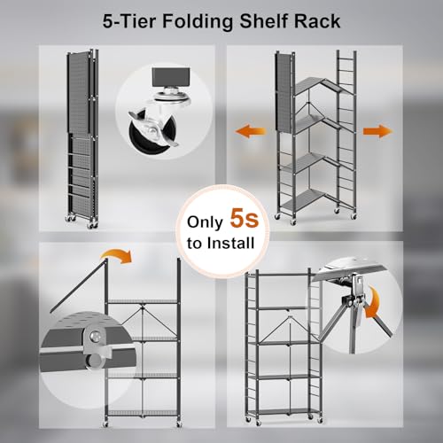 Image of Himix 5-Tier Foldable Storage Shelves with 20 Hooks Wheels Grey Display | Folding shelving units, Metal collapsible organization, Wire shelf, No assembly, Bookshelf, Kitchen, Home rack, Holds 440 Ibs