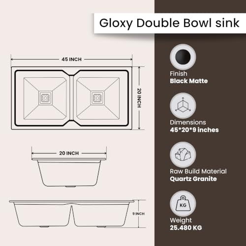 Image of GLOXY Premium Quartz Granite Double Bowl Kitchen Sink 45x20x9 Inch - Black Matte Finish Double Bowl Quartz Sink With Drainer Basket, Coupling Hose Pipe - Scratch Resistant Undermount & Topmount Sink