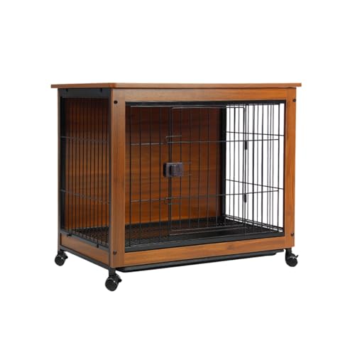 木製犬用クレート家具、取り外し可能なトレイ付き室内用ペットクレート犬小屋、大型・中型犬用頑丈な犬用クレート(Brown,38.5*25.2*30.1in)