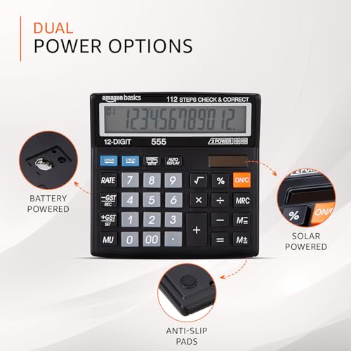 Image of Amazon Basics AB-555 12 Digits GST & Tax Calculator with 112 Steps Check and Correct, Basic Calculator, Black