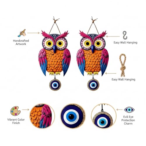 Image of Pack of 2 Owl Evil Eye Wall Hanging Decor | Colorful Wooden Nazar Protection Charm for Home, Entrance & Living Room | Vastu & Feng Shui Hanging (Owl Evil Eye)