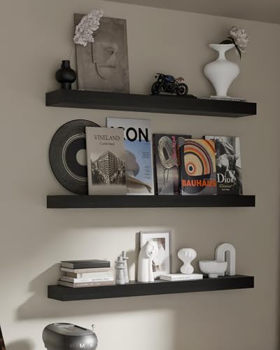 Floating Shelves for Wall, 36 Inch Extra Long Black Wall Shelves, Set of 3, Hanging Invisible Brackets Floating Shelves for Living Room,Bedroom,and Kitchen