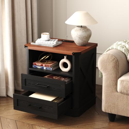 Image of Yusong 23.62 inch Tall Farmhouse Nightstand, Rustic Wooden Night Stand with Charging Station, Beside Table with Drawers and Open Storage, End Tables for Bedroom, Black