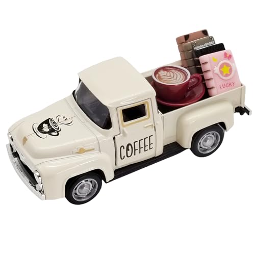 Image of Coffee Bar Decor Vintage Mini Metal Coffee Truck Decor with Coffee Sign and Book Accessories for Coffee Station, Farmhouse Tiered Tray Table Decorations for Home Kitchen, Cafe (Milk White-Coffee)