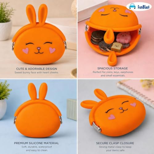 Image of FunBlast Cute Bunny Shape Silicone Coin Purse for Kids & Adults - Mini Pouch for Coins, Earphones, Keys & Small Essentials, Aesthetic Pouches for Girls & Women - 12 X 9.5 X 3 Cm (Bunny-Orange)