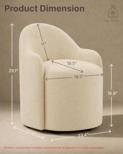 Image of KISLOT Upholstered Dining Chairs Set of 4 with Caster, Pre-Assembled, Sand | Modern Dining Room Chairs with Wheels, Rolling Vanity Chair with Round Backrest for Kitchen, Bedroom, Dressing, Linen Fabric
